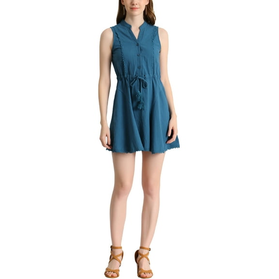 INSPIRE CHIC Women's Sleeveless Dresses V-Neck Lace Trim Drawstring Waist A-Line Dress M Lake Blue