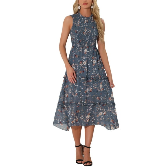 INSPIRE CHIC Women's Dress Sleeveless Floral Crew Neck Chiffon Smocked Ruffle Dresses XS Grey Blue