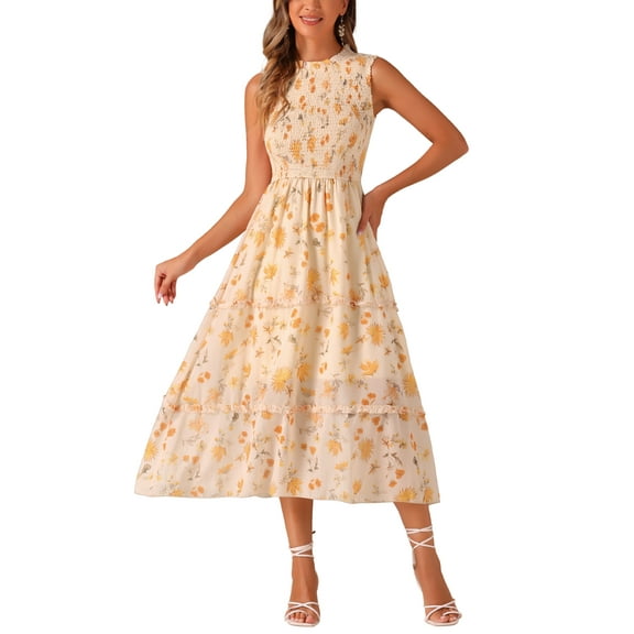 INSPIRE CHIC Women's Dress Sleeveless Floral Crew Neck Chiffon Smocked Ruffle Dresses XL Beige