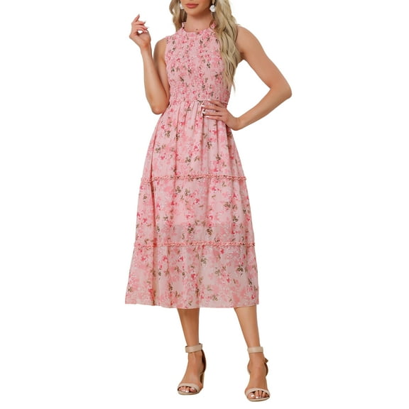 INSPIRE CHIC Women's Dress Sleeveless Floral Crew Neck Chiffon Smocked Ruffle Dresses XS Pink