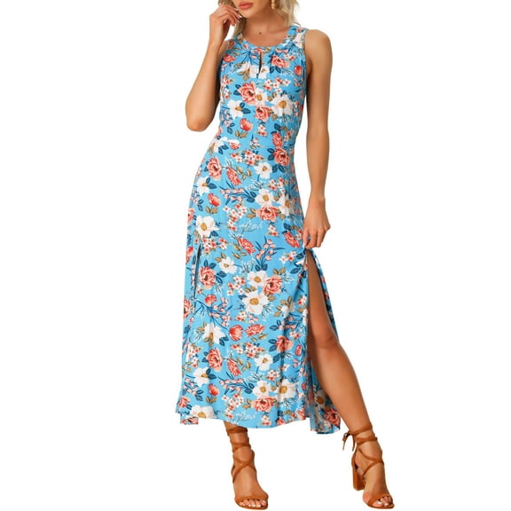 INSPIRE CHIC Women's Sleeveless Floral Split Hem Keyhole Flowy Summer Boho Maxi Dress