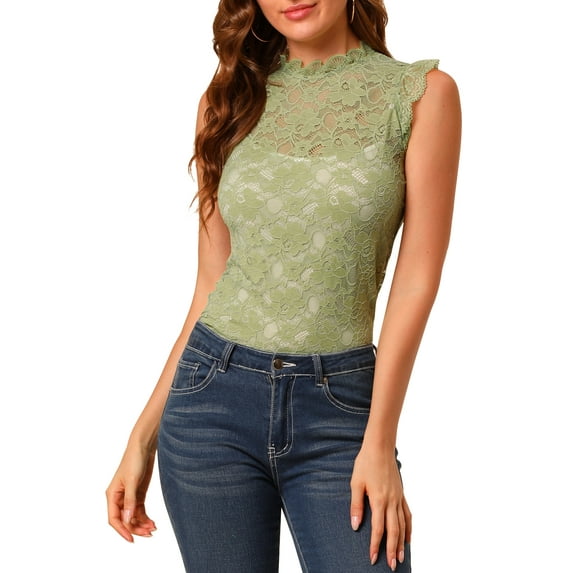 Allegra K Women's Sleeveless Lace Ruffled Semi Sheer Blouse Top