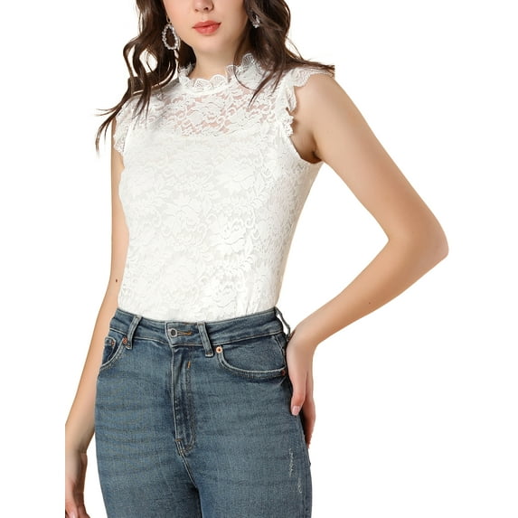 INSPIRE CHIC Women's Sleeveless Lace Ruffled Semi Sheer Blouse Top
