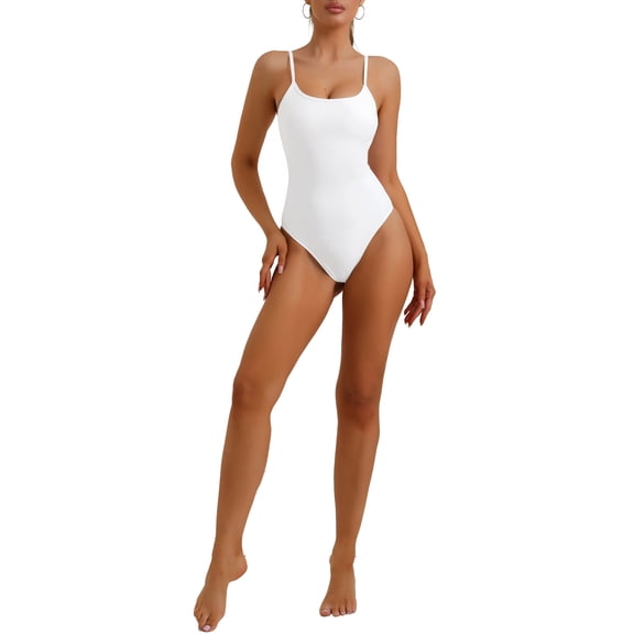 INSPIRE CHIC Women's Sleeveless Leotard Jumpsuit Spaghetti Strap Soft Basic Thong Bodysuit Medium White