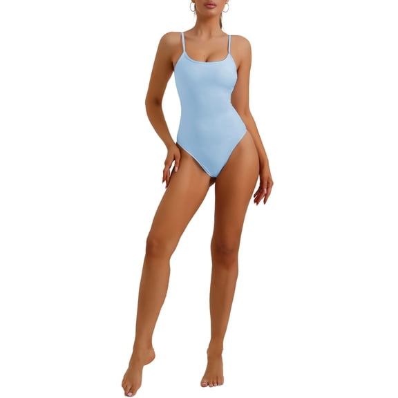 INSPIRE CHIC Women's Sleeveless Leotard Jumpsuit Spaghetti Strap Soft Basic Thong Bodysuit Small Light Blue