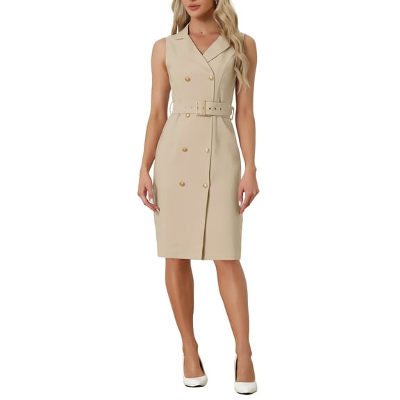 INSPIRE CHIC Women's Dress Sleeveless Notched Lapel Double Breasted Belted Work Office Blazer Dresses L Khaki
