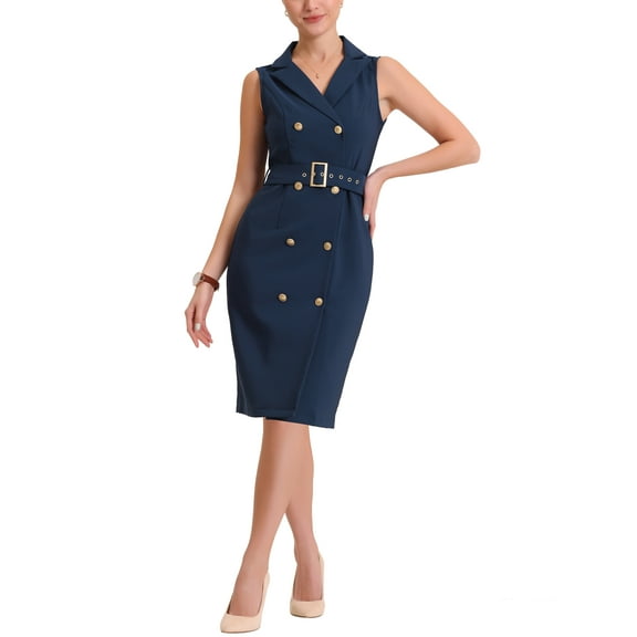 INSPIRE CHIC Women's Dress Sleeveless Notched Lapel Double Breasted Belted Work Office Blazer Dresses XS Navy Blue
