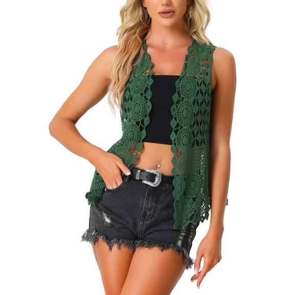 INSPIRE CHIC Women's Sleeveless Open Front Cardigan Vest Hollow Out Crochet Shrugs M Green
