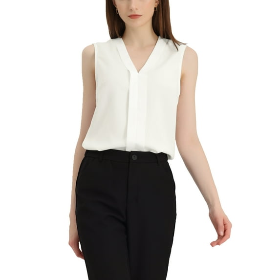 INSPIRE CHIC Juniors Sleeveless Pleated Front V Neck Work Office Blouses