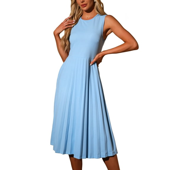 INSPIRE CHIC Women's Sleeveless Pleated Ruffle Hem Crew Neck Tank Knitted Elegant Midi Dress
