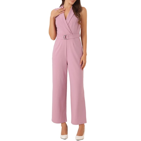 INSPIRE CHIC Women's Sleeveless Shawl Collar Office Belted Cropped Jumpsuit Romper L Dark Pink