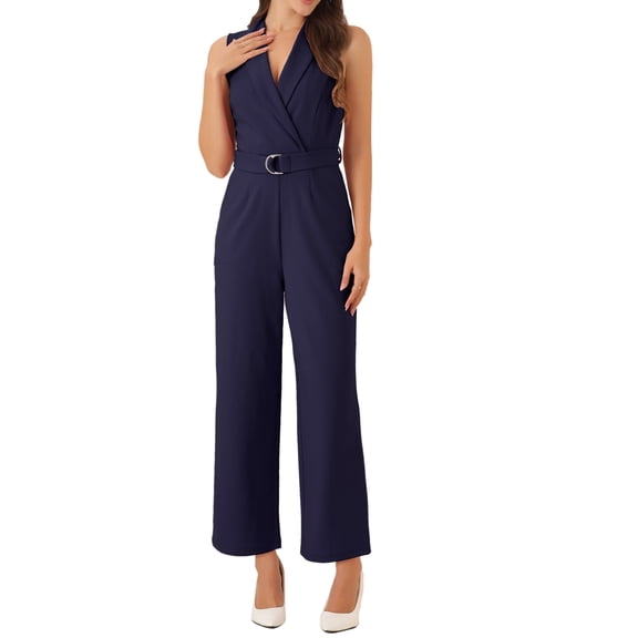INSPIRE CHIC Women's Sleeveless Shawl Collar Office Belted Cropped Jumpsuit Romper L Navy Blue