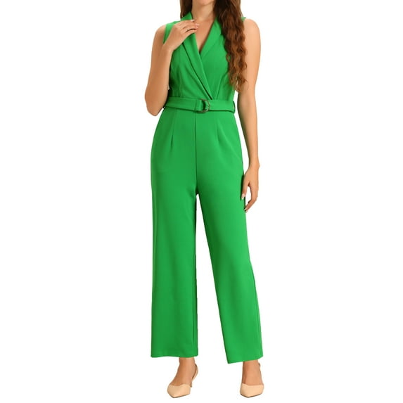 INSPIRE CHIC Women's Sleeveless Shawl Collar Office Belted Cropped Jumpsuit Romper XL Grass Green