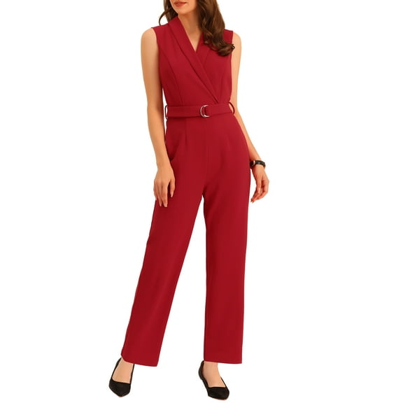 INSPIRE CHIC Women's Sleeveless Shawl Collar Office Belted Cropped Jumpsuit Romper XL Red