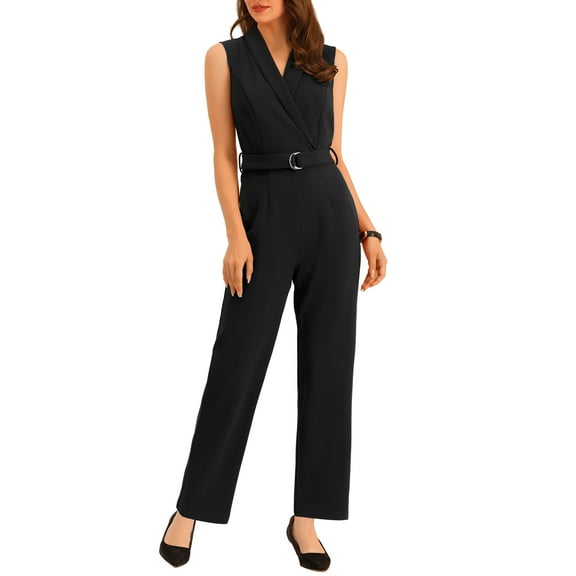INSPIRE CHIC Women's Sleeveless Shawl Collar Office Belted Cropped Jumpsuit Romper XS Black