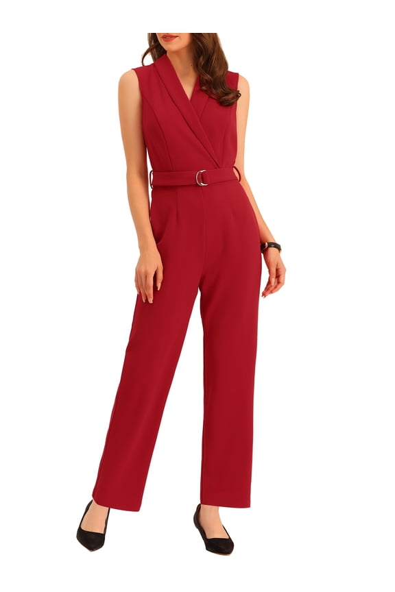 Women's Sleeveless Shawl Collar Office Belted Cropped Jumpsuit Romper XS Red