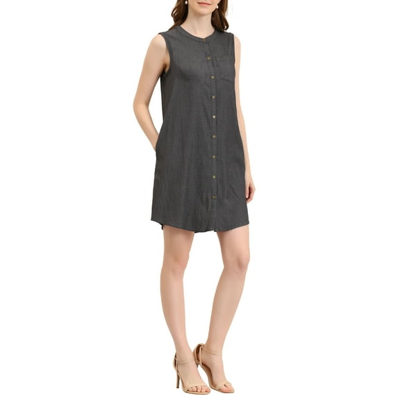 Allegra K Women's Sleeveless Shirtdress with Pockets Button Up Chambray Dresses