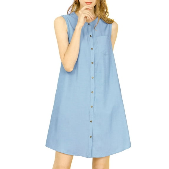 INSPIRE CHIC Women's Sleeveless Shirtdress with Pockets Button Up Chambray Dresses L Blue