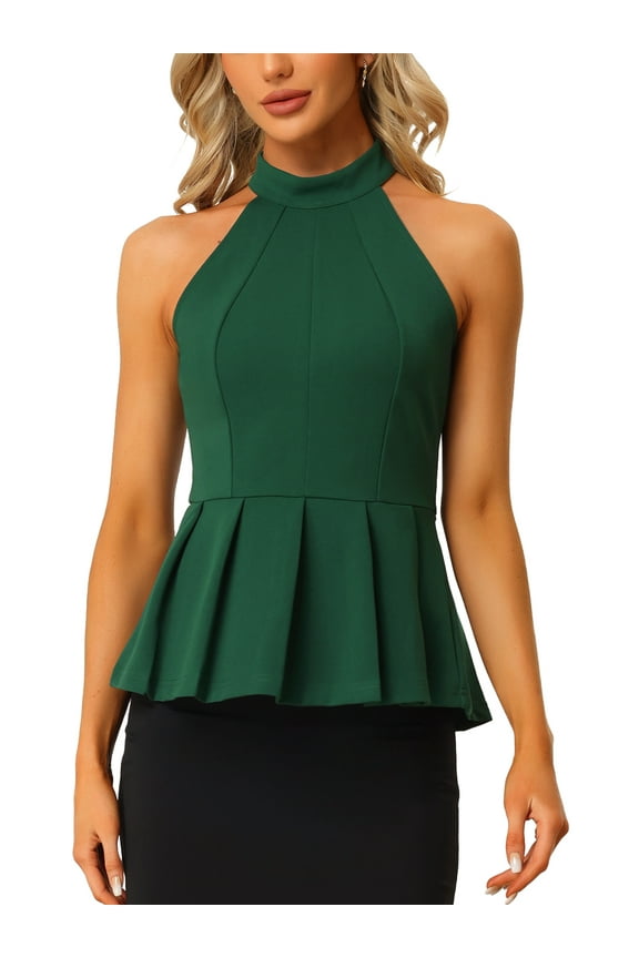 Women's Sleeveless Summer Beach Pleated Halter Neck Peplum Blouse Tops M Dark Green