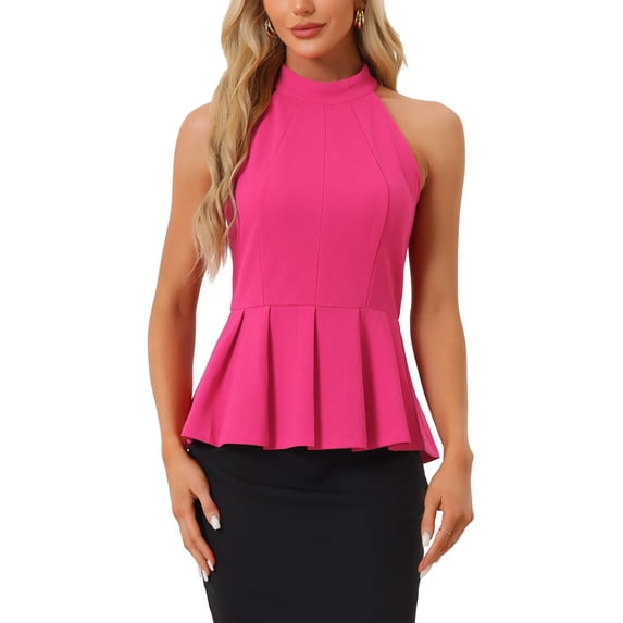 INSPIRE CHIC Women's Sleeveless Summer Beach Pleated Halter Neck Peplum Blouse Tops S Hot Pink