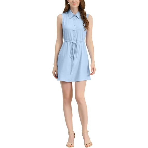 Allegra K Women's Sleeveless Turndown Collar Button Up Pleated Drawstring Waist Shirt Dress
