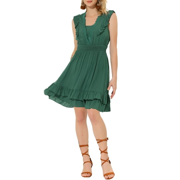 INSPIRE CHIC Women's Sleeveless V Neck Lace Trim Ruffled Dresses Dark Green S