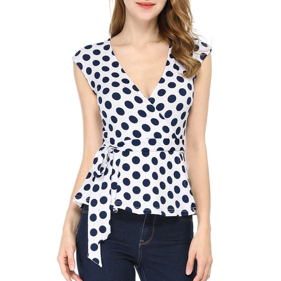 INSPIRE CHIC Easter Edition Women's Sleeveless V-Neck Self Tie Wrap Front Dotted Top L White