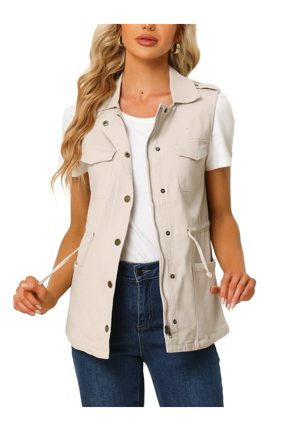 Women's Sleeveless Jacket Drawstring Waist Zip Up Cotton Cargo Vest with Pocket L Beige