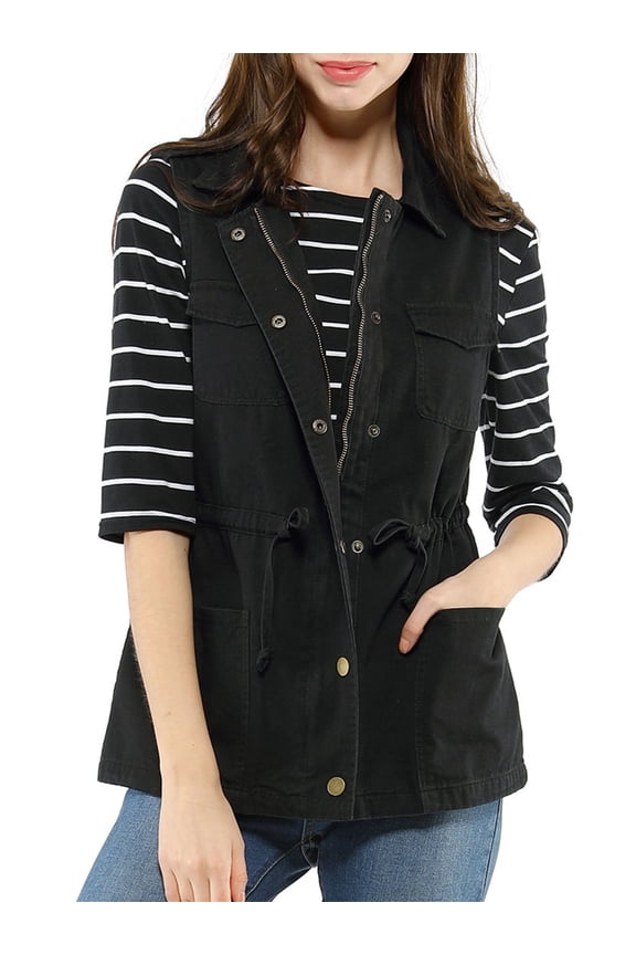 Women's Sleeveless Jacket Drawstring Waist Zip Up Cotton Cargo Vest with Pocket L Black