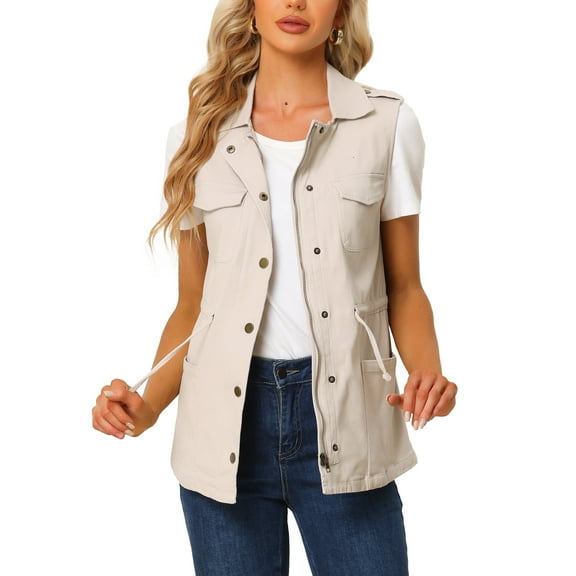 INSPIRE CHIC Women's Sleeveless Jacket Drawstring Waist Zip Up Cotton Cargo Vest with Pocket M Beige