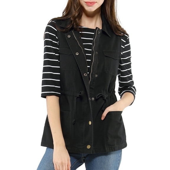 INSPIRE CHIC Women's Sleeveless Jacket Drawstring Waist Zip Up Cotton Cargo Vest with Pocket M Black