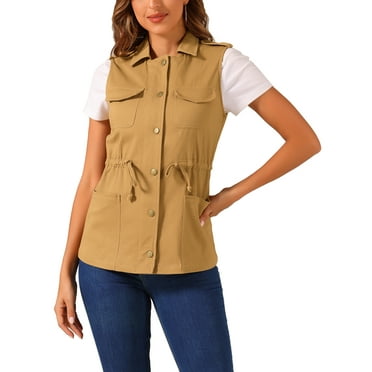 Allegra K Women's Sleeveless Zip Up Drawstring Waist Cargo Vest Jacket M Deep Khaki