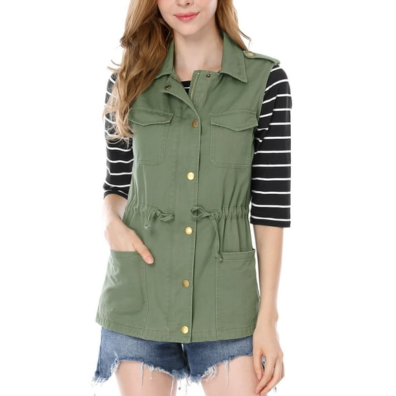 INSPIRE CHIC Women's Sleeveless Jacket Drawstring Waist Zip Up Cotton Cargo Vest with Pocket M Green
