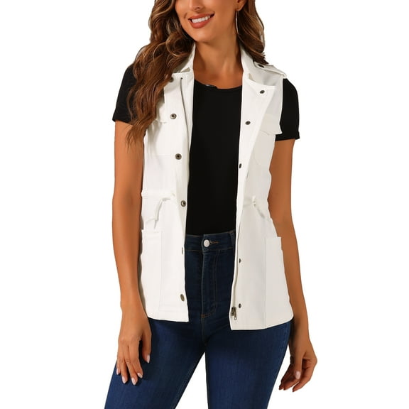 INSPIRE CHIC Women's Sleeveless Jacket Drawstring Waist Zip Up Cotton Cargo Vest with Pocket M White