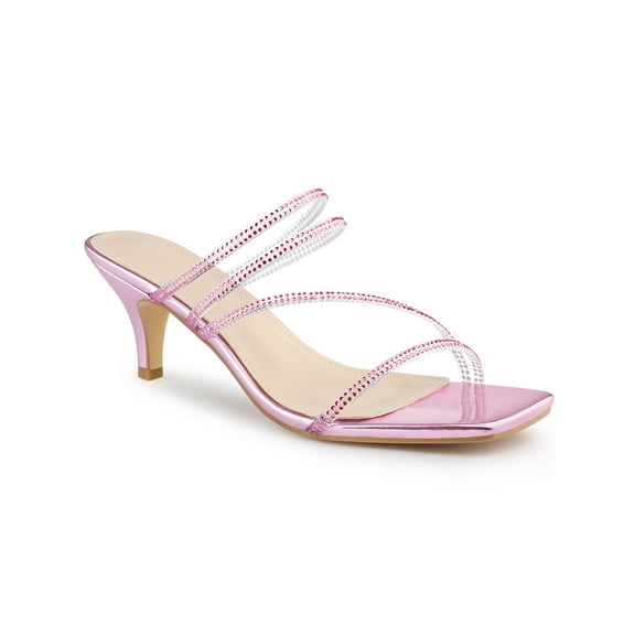 BLISSFUL STEP Women's Slide Sandal Rhinestone Strappy Square Toe Kitten Heel Slide Sandals Pink 8.5