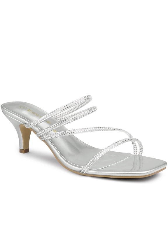 Women's Slide Sandal Rhinestone Strappy Square Toe Kitten Heel Slide Sandals Silver 9