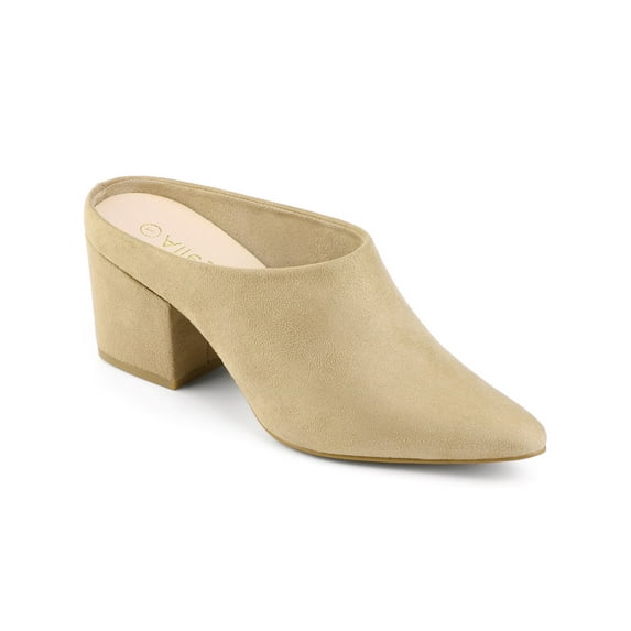BLISSFUL STEP Women's Slides Block High Heels Slip on Pointed Toe Slide Mules Beige 6.5