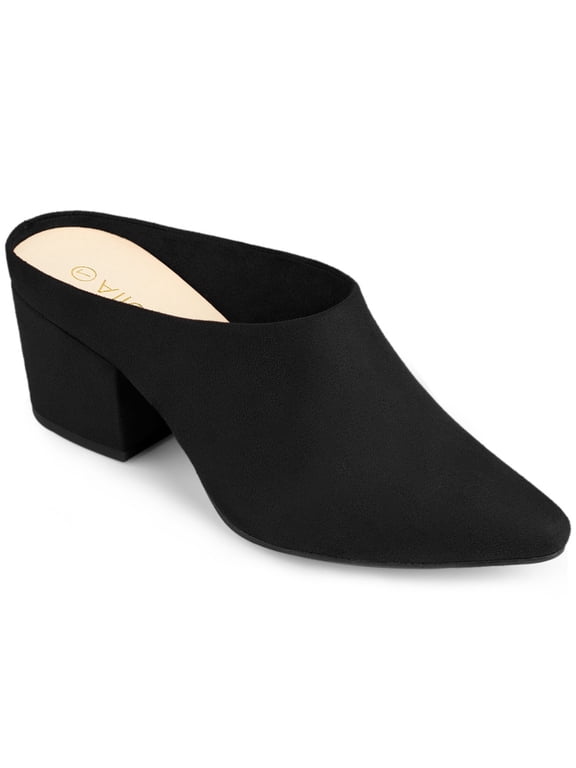 Women's Slides Block High Heels Slip on Pointed Toe Slide Mules Black 7