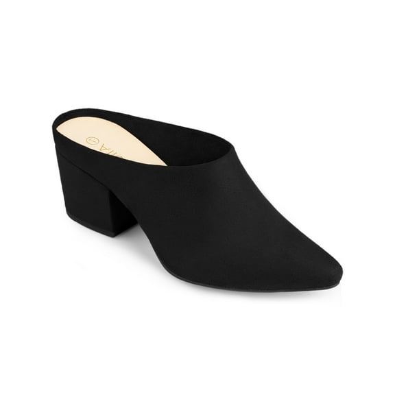 BLISSFUL STEP Women's Slides Block High Heels Slip on Pointed Toe Slide Mules Black 8