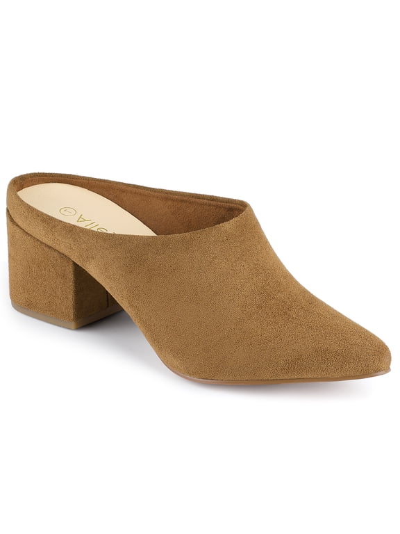 Women's Slides Block High Heels Slip on Pointed Toe Slide Mules Brown 8.5