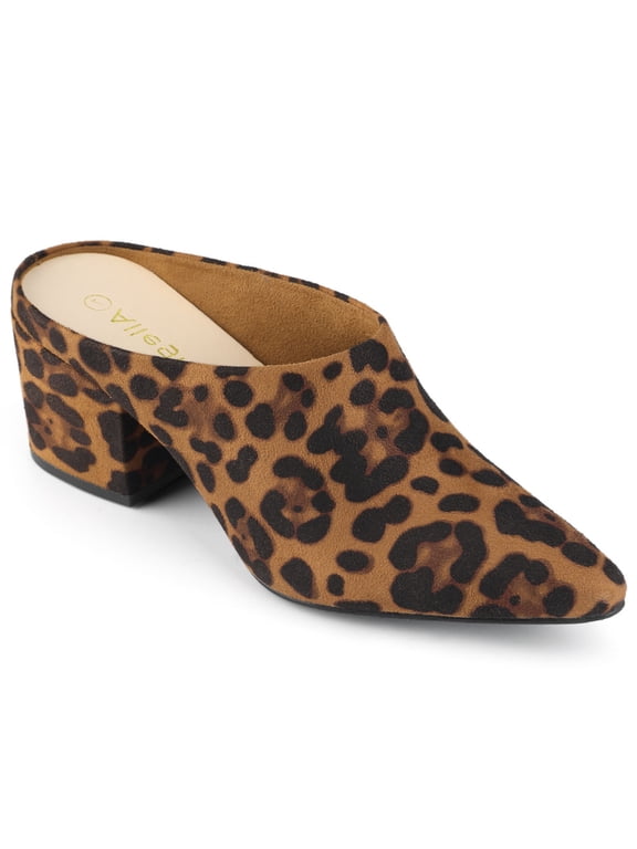 Women's Slides Block High Heels Slip on Pointed Toe Slide Mules Leopard 5.5