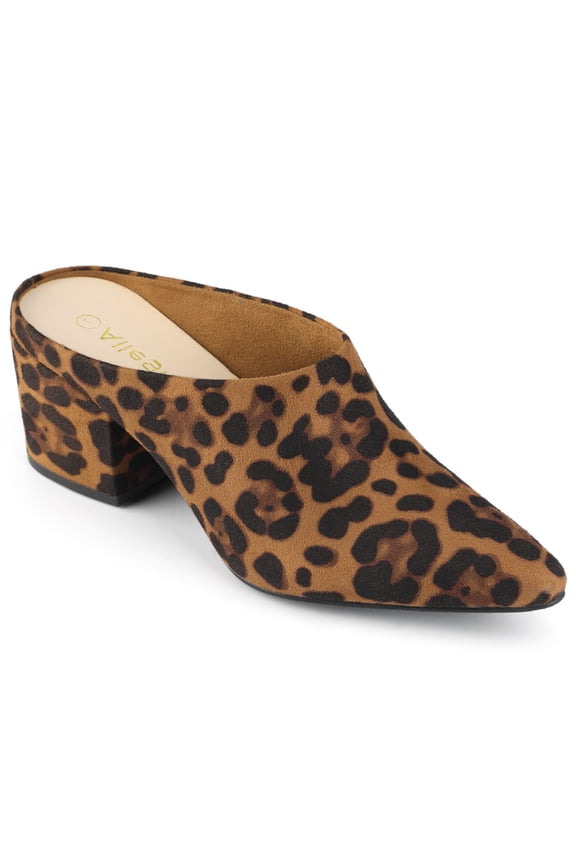 Women's Slides Block High Heels Slip on Pointed Toe Slide Mules Leopard 8.5