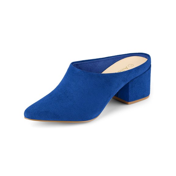 BLISSFUL STEP Women's Slides Block High Heels Slip on Pointed Toe Slide Mules Royal Blue 9.5