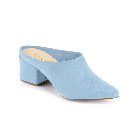 BLISSFUL STEP Women's Slides Block High Heels Slip on Pointed Toe Slide Mules Sky Blue 7