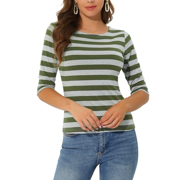 INSPIRE CHIC Women's Striped Shirts Slim Fit Elbow Sleeves Boat Neck T-Shirt L Army Green Grey