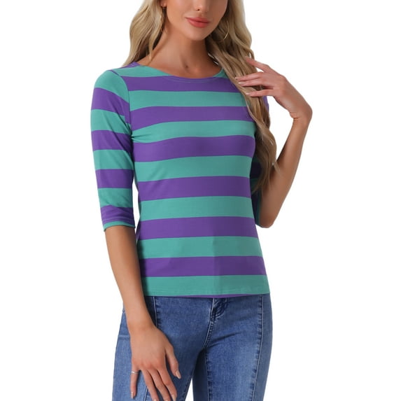 INSPIRE CHIC Women's Striped Shirts Slim Fit Elbow Sleeves Boat Neck T-Shirt L Purple Green