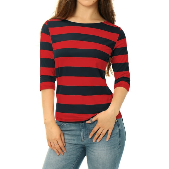 INSPIRE CHIC Women's Striped Shirts Slim Fit Elbow Sleeves Boat Neck T-Shirt L Red Blue