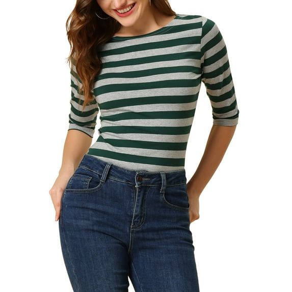 INSPIRE CHIC Women's Striped Shirts Slim Fit Elbow Sleeves Boat Neck T-Shirt M Green Gray