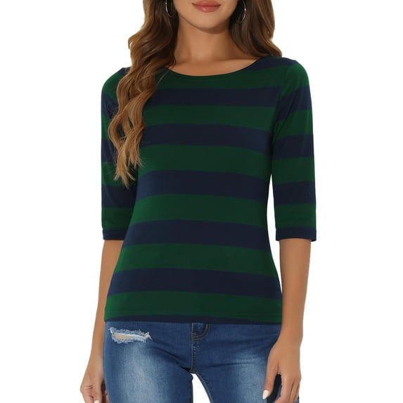 INSPIRE CHIC Women's Striped Shirts Slim Fit Elbow Sleeves Boat Neck T-Shirt M Green Navy