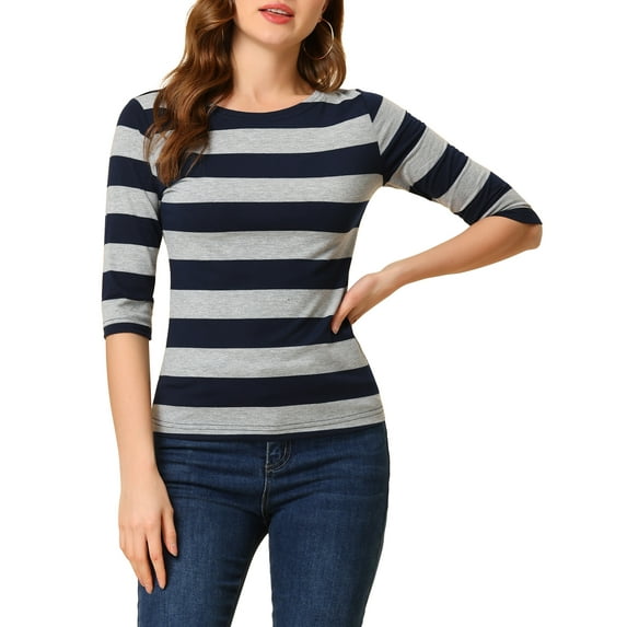 INSPIRE CHIC Women's Striped Shirts Slim Fit Elbow Sleeves Boat Neck T-Shirt M Navy Gray